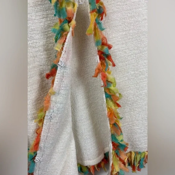 ANTHROPOLOGIE CURIO RAINBOW FRINGE RIBBON CONFETTI CARDIGAN JACKET L CREAM 1090 - Picture 4 of 7
